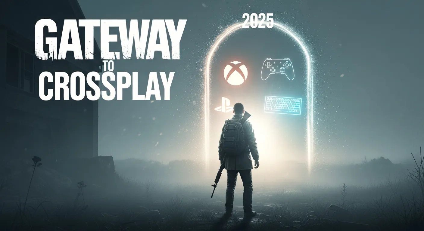 DayZ survivor looking at a glowing portal symbolizing future crossplay between Xbox, PlayStation, and PC in 2025.