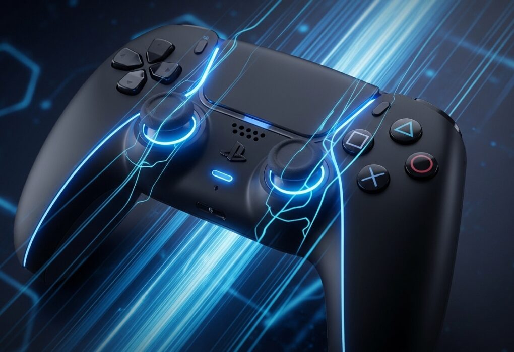 Futuristic PS5 DualSense controller glowing with blue light trails symbolizing advanced gaming technology