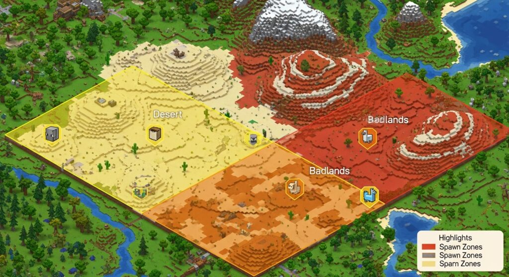 Minecraft biome map highlighting desert and Badlands terracotta spawn zones.