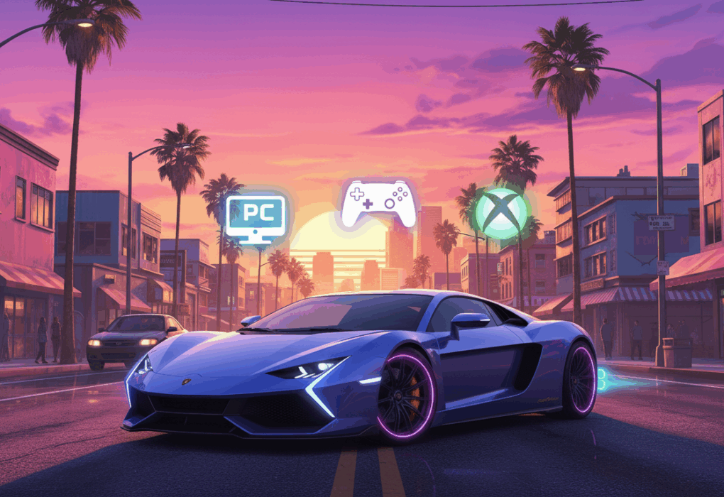 Cinematic GTA 5 crossplay theme with a luxury sports car reflecting glowing platform icons in the golden hour Los Santos street.