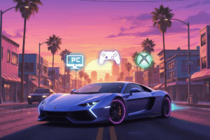 Cinematic GTA 5 crossplay theme with a luxury sports car reflecting glowing platform icons in the golden hour Los Santos street.