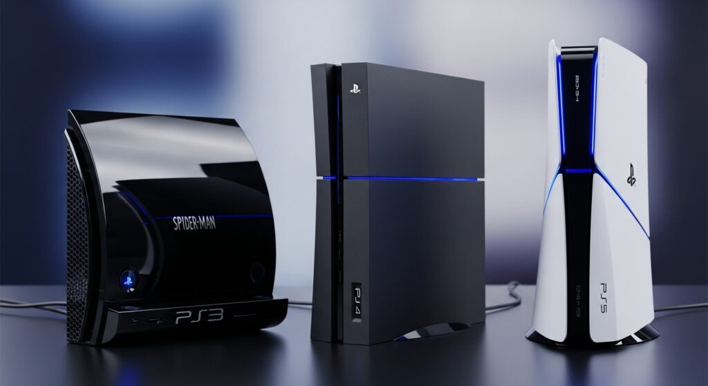 PS3 displayed next to PS4 and PS5 to show visual generational evolution