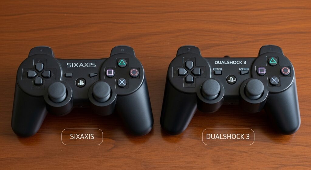 Side-by-side comparison of Sixaxis and DualShock 3 controllers on a desk