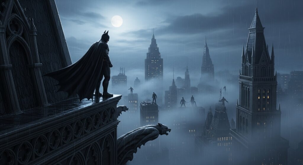 Batman watching Gotham City villains from above.