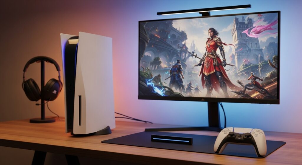 PS5 console with white controller on desk