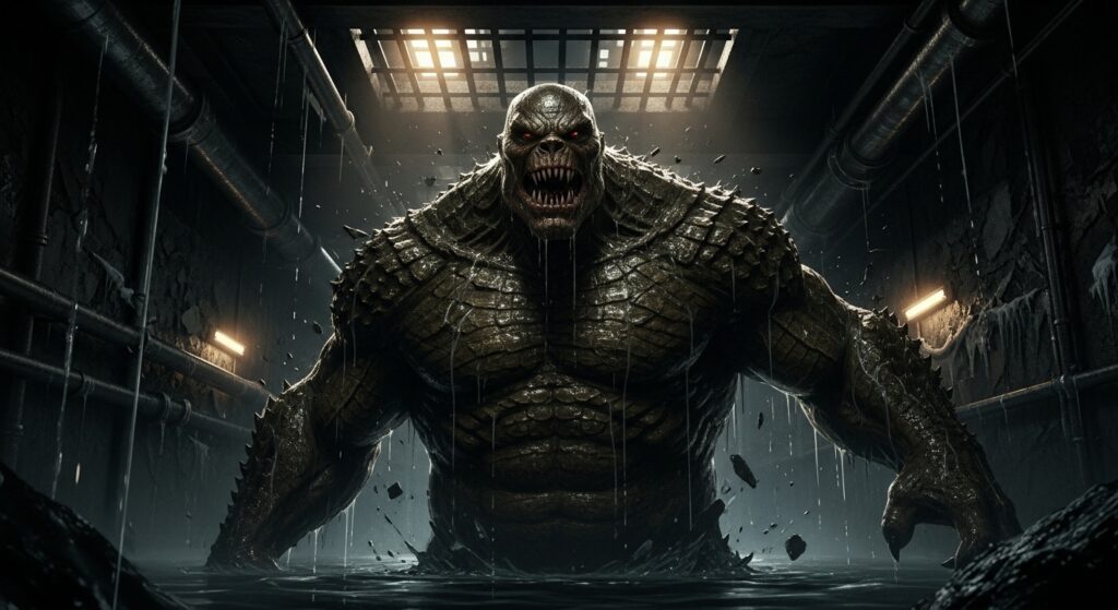 Killer Croc stalking Gotham’s sewers, ready for a fight.