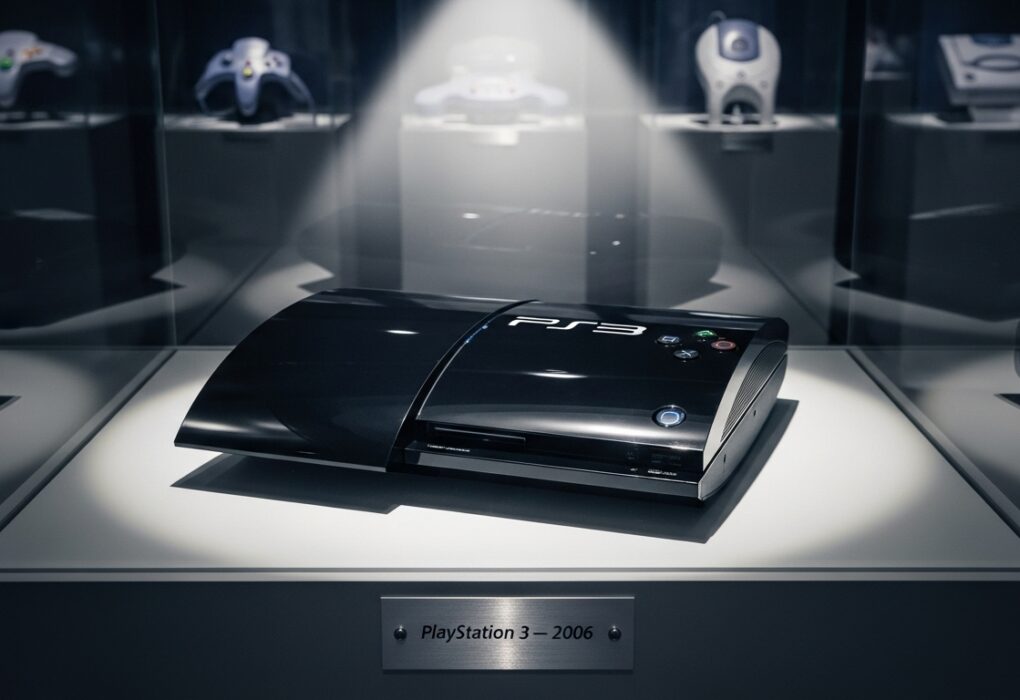 PS3 fat model displayed in a museum-style glass case with a 2006 release plaque