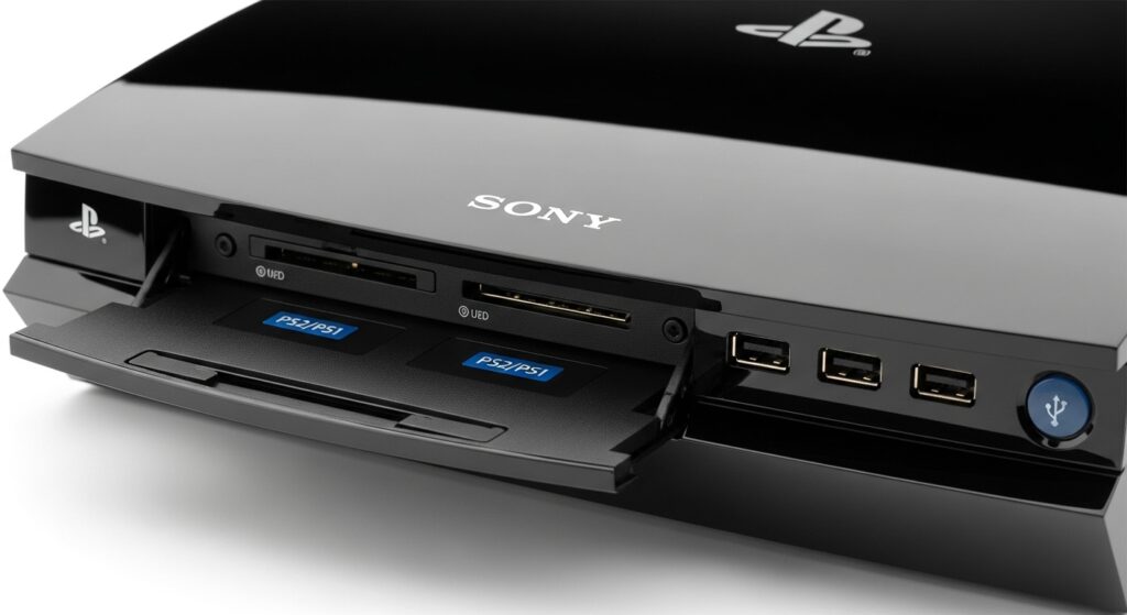 Original backward-compatible PS3 model with memory card ports shown up close