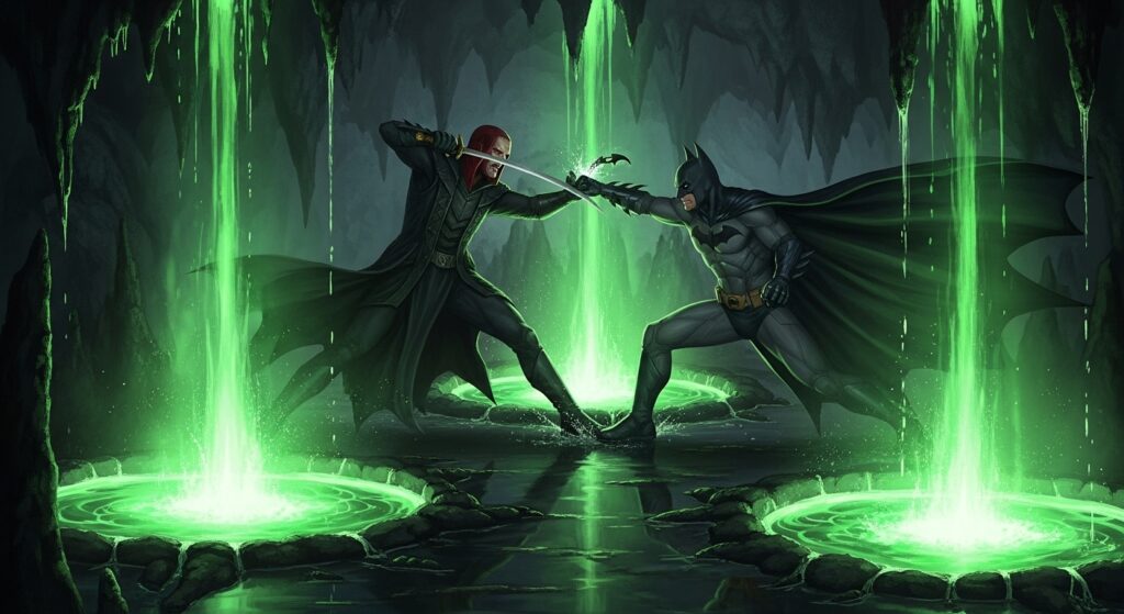 Batman fighting Ra’s al Ghul inside an ancient temple.