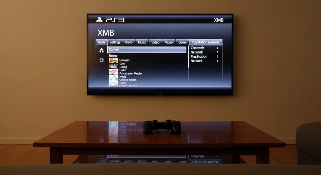 PS3 XMB interface displayed on a TV with controller resting nearby