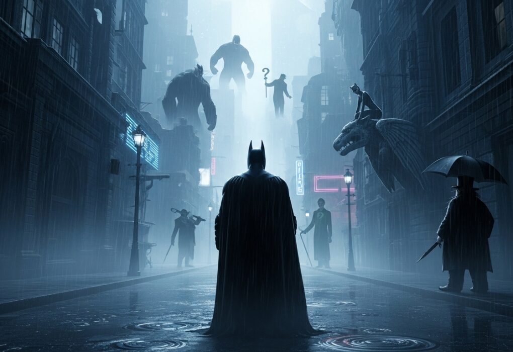 Silhouettes of Batman's iconic villains in the foggy, rain-soaked streets of Gotham, with Batman standing in the foreground, preparing for the ultimate confrontation.