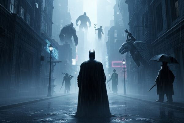 Silhouettes of Batman's iconic villains in the foggy, rain-soaked streets of Gotham, with Batman standing in the foreground, preparing for the ultimate confrontation.