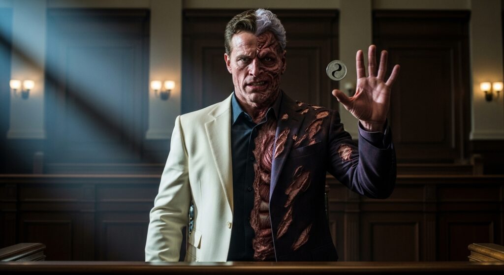 Two-Face deciding fate with his iconic coin flip.