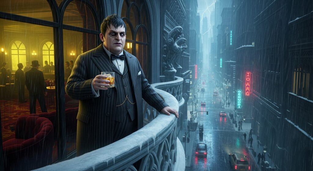 Penguin overseeing Gotham from his Iceberg Lounge.
