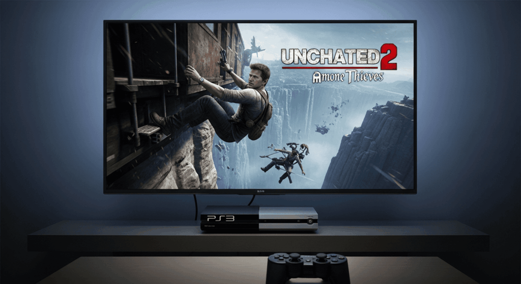 Uncharted 2 cinematic scene displayed on PS3 with controller on table
