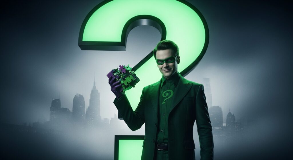 Riddler taunting Batman with a puzzle in the shadows of Gotham.