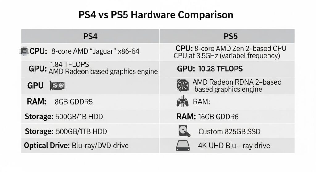 PS4 vs PS5 hardware comparison table