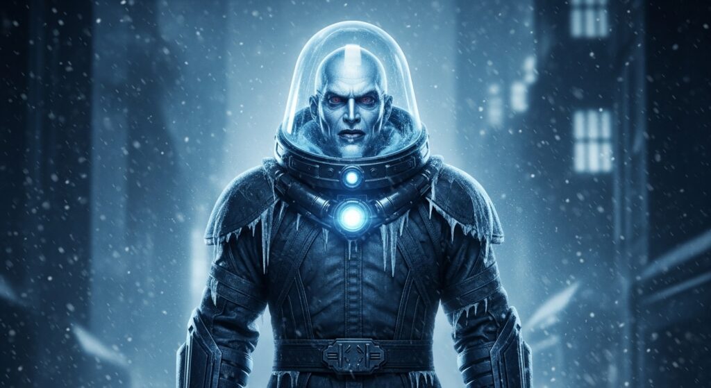 Mr. Freeze standing frozen in the heart of Gotham’s winter.