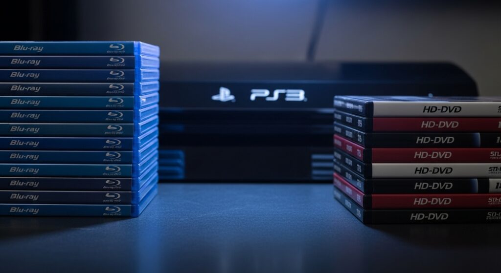 Blu-ray vs HD-DVD discs stacked side-by-side next to a PS3 console