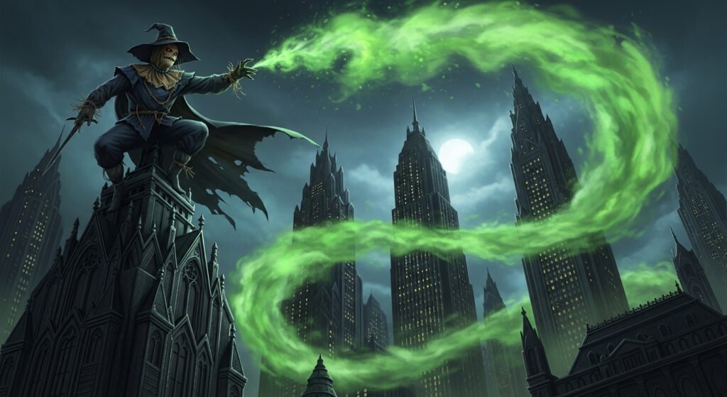 Scarecrow spreading fear gas across Gotham’s skyline.