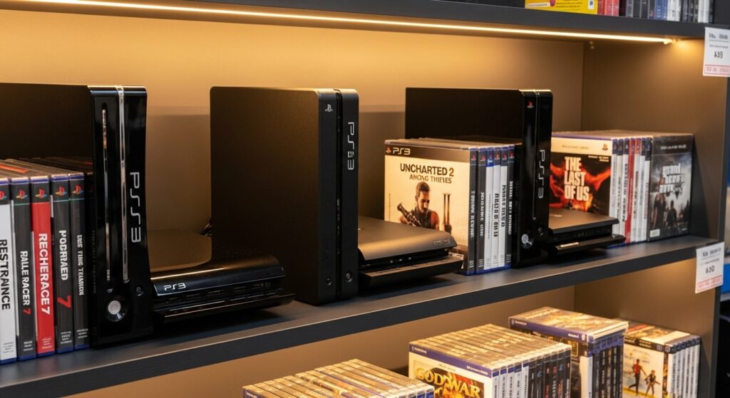 Shelf display of PS3 consoles across all models next to game cases
