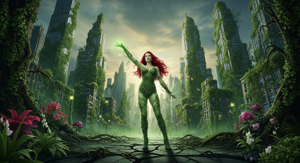 Poison Ivy commanding plants amidst a green-tinted Gotham.
