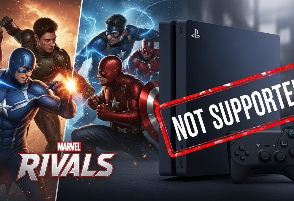 Marvel Rivals cinematic scene showing gameplay on PS5, with a PS4 'Not Supported' stamp highlighting the game's unavailability on PS4.