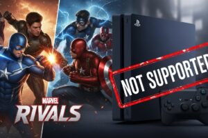 Marvel Rivals cinematic scene showing gameplay on PS5, with a PS4 'Not Supported' stamp highlighting the game's unavailability on PS4.